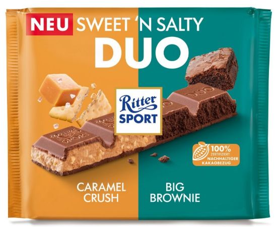 Picture of RITTER SPORT DUO piena šokolāde ar brauniju un sāļās karameles pildījumu, 218g