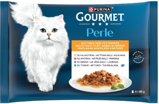 Picture of GOURMET PERLE konservs kaķiem (jērs/tuncis/pīle/tītars) 4*85g